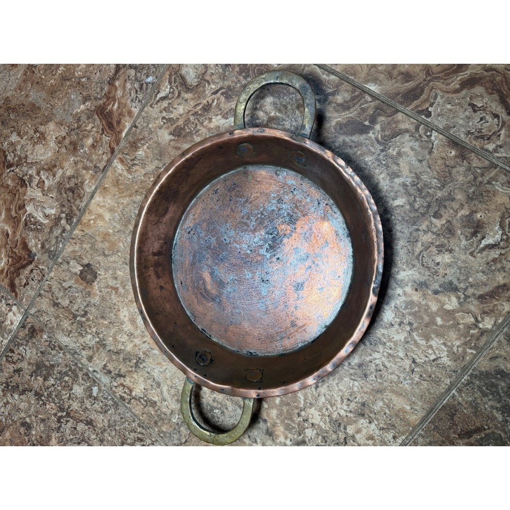 Vintage Hand Hammered Copper Pan with Brass Handles 12 Inch Rustic Skillet